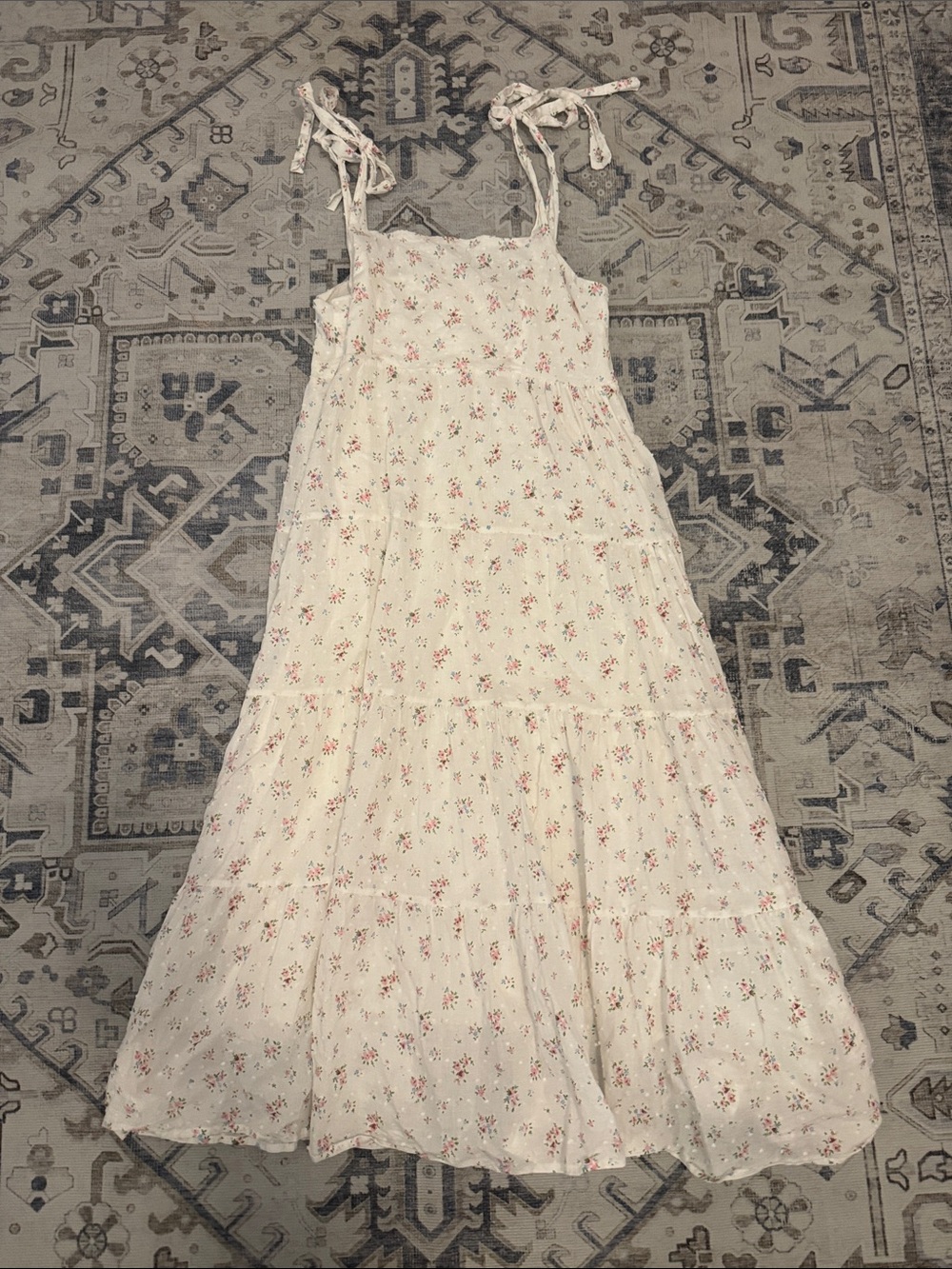 STORIA Small Floral Tiered Midi Dress Tie Strap Cottagecore Prairie